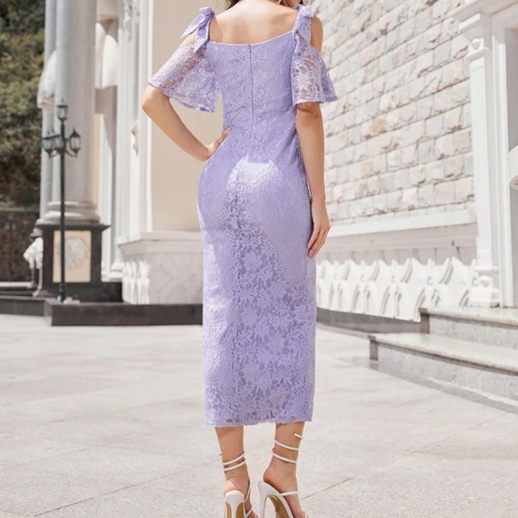 Cold Shoulder Short Sleeve Lace Dress Below Knee Length Purple Extra Small - Picture 5 of 14